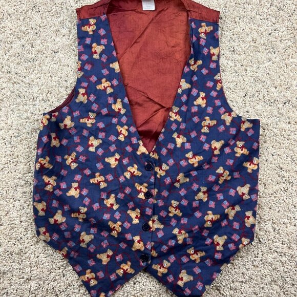 Women's Vintage Vest 111 Main Patriotic American Flag & Teddy Bears Medium - Picture 1 of 9